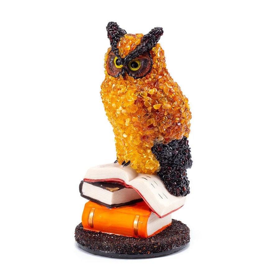 Amber owl|Bright table figurine with natural amber Owl on books|souvenir Baltic Amber|Owl Statuette |Amber owl Sculpture