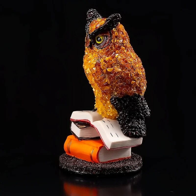 Amber owl|Bright table figurine with natural amber Owl on books|souvenir Baltic Amber|Owl Statuette |Amber owl Sculpture