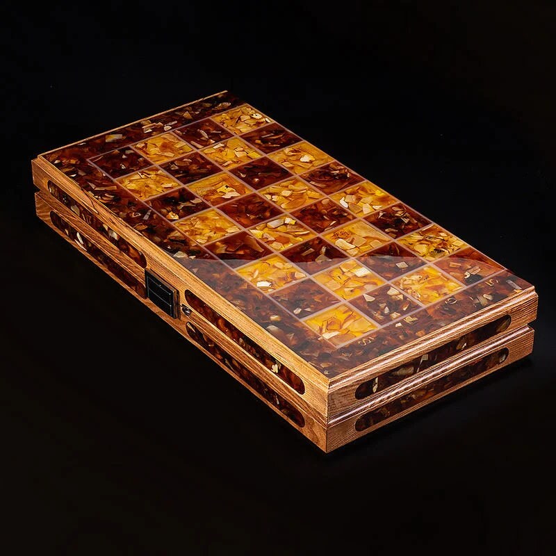 Large Folding Amber Backgammon Chess Set with Pieces and Chips|Amber wood backgammon|amber dices|Unick gift|Board game