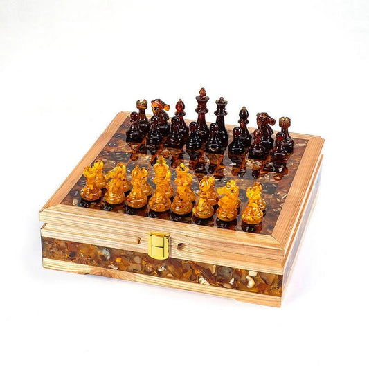 Handmade chess chest made of oak, decorated with natural amber|chess board with storage|Amber Chess Figures|Board Game