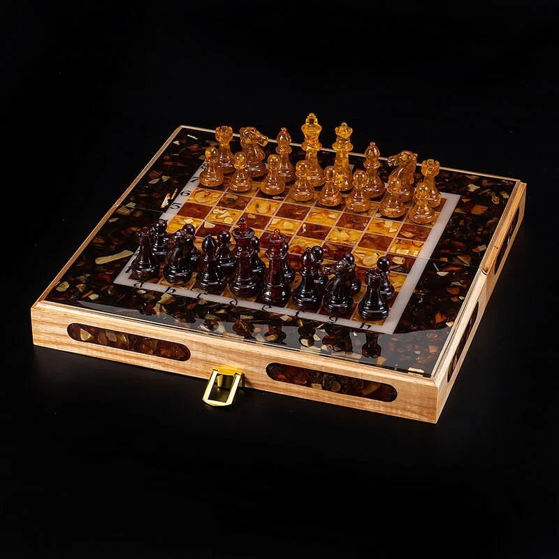 Folding chess set with amber figures |Wood Amber Chessboard|Amber Chess Figures|Board Game|Vip Gift|Luxury Chess Set