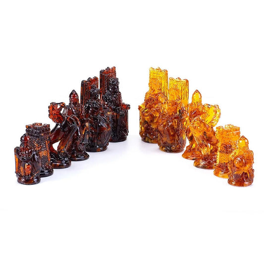 Large amber chess figures of honey and cognac color Fairy Tale|Luxury Amber chess pieces|Board Game|Vip gift for him