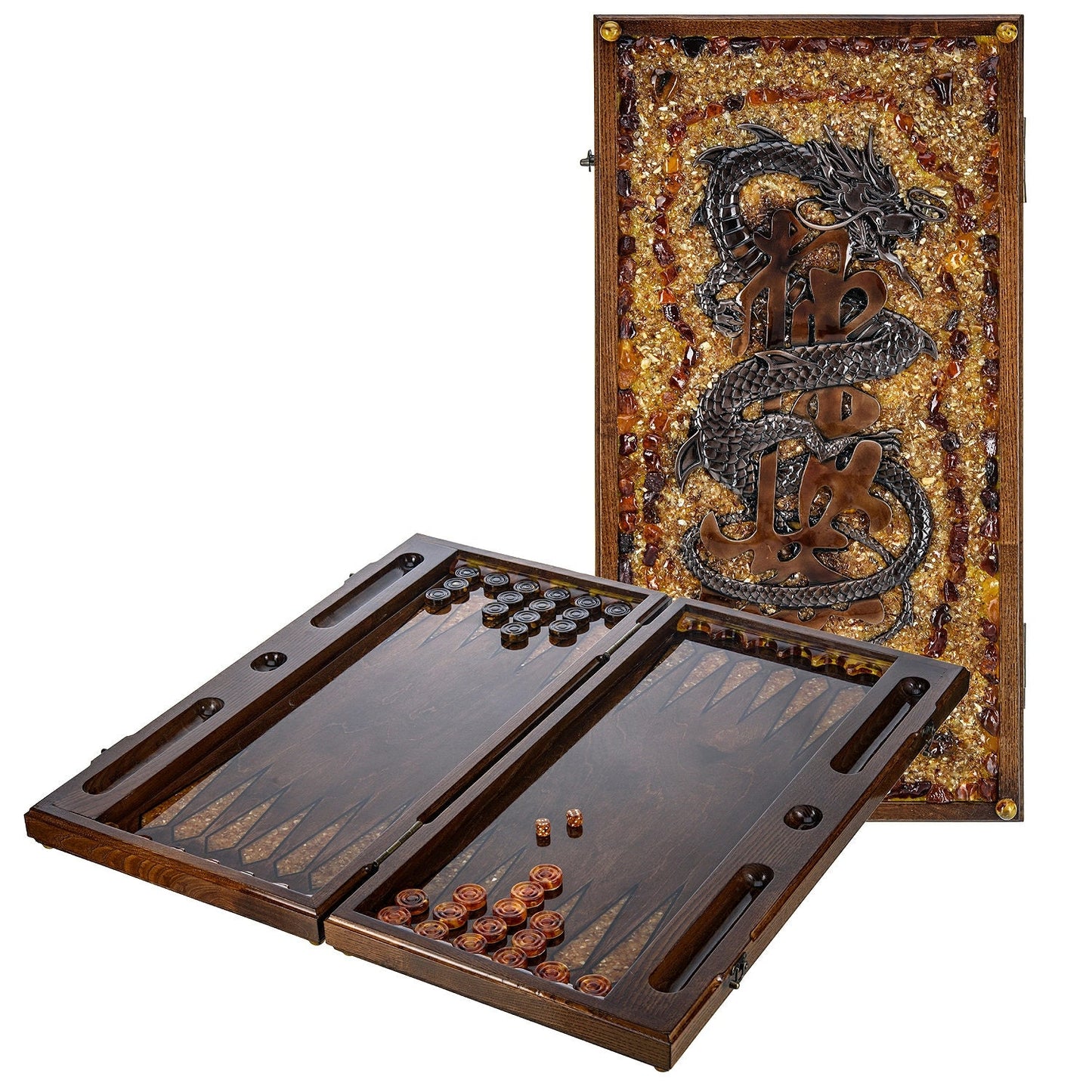 Wooden luxury backgammon set with natural amber Dragons|Amber backgammon chips|Handmade Checkers|amber dices|Board Game