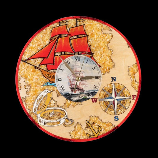 Large wooden wall clock decorated with amber Sailboat|Amber gift|Home Decor|Wall Clock Amber |Unick Gift|Office Decor