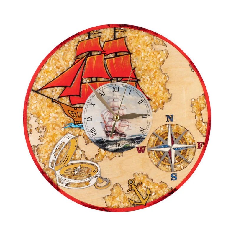 Large wooden wall clock decorated with amber Sailboat|Amber gift|Home Decor|Wall Clock Amber |Unick Gift|Office Decor