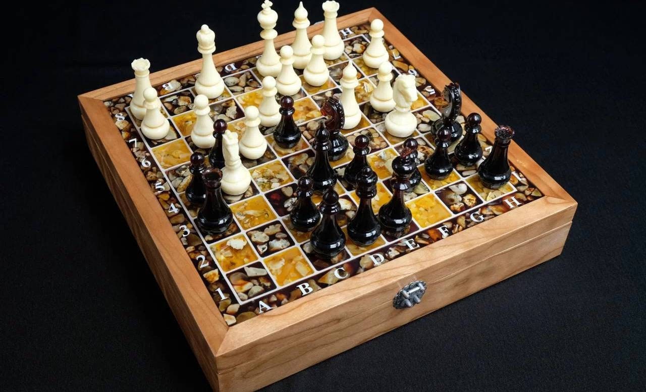 Amber chess set Square from European walnut|Amber Chess Pieces|Wooden Chessboard|Chess Figures|Board Game|Handmade Chess