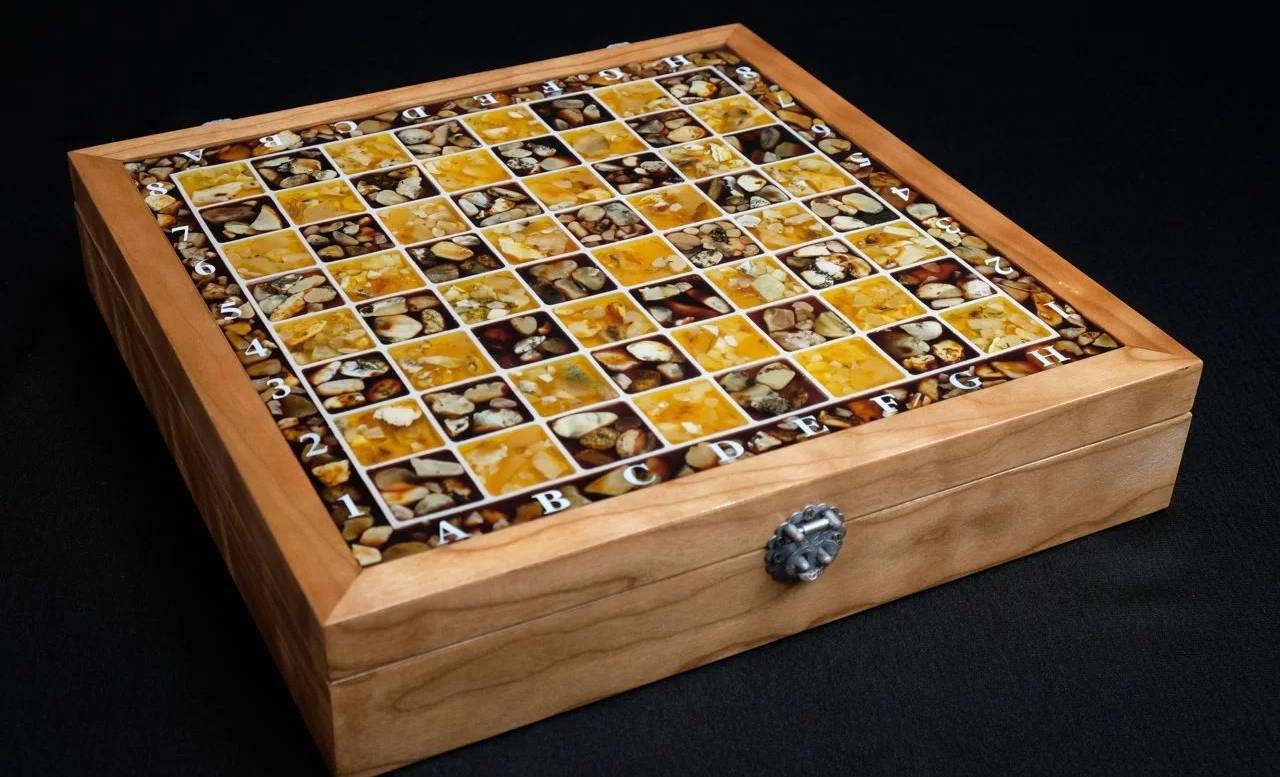 Amber chess set Square from European walnut|Amber Chess Pieces|Wooden Chessboard|Chess Figures|Board Game|Handmade Chess