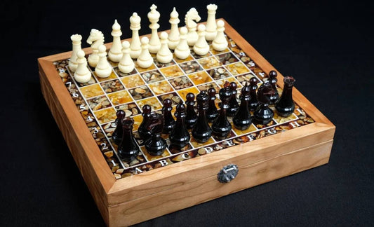 Amber chess set Square from European walnut|Amber Chess Pieces|Wooden Chessboard|Chess Figures|Board Game|Handmade Chess