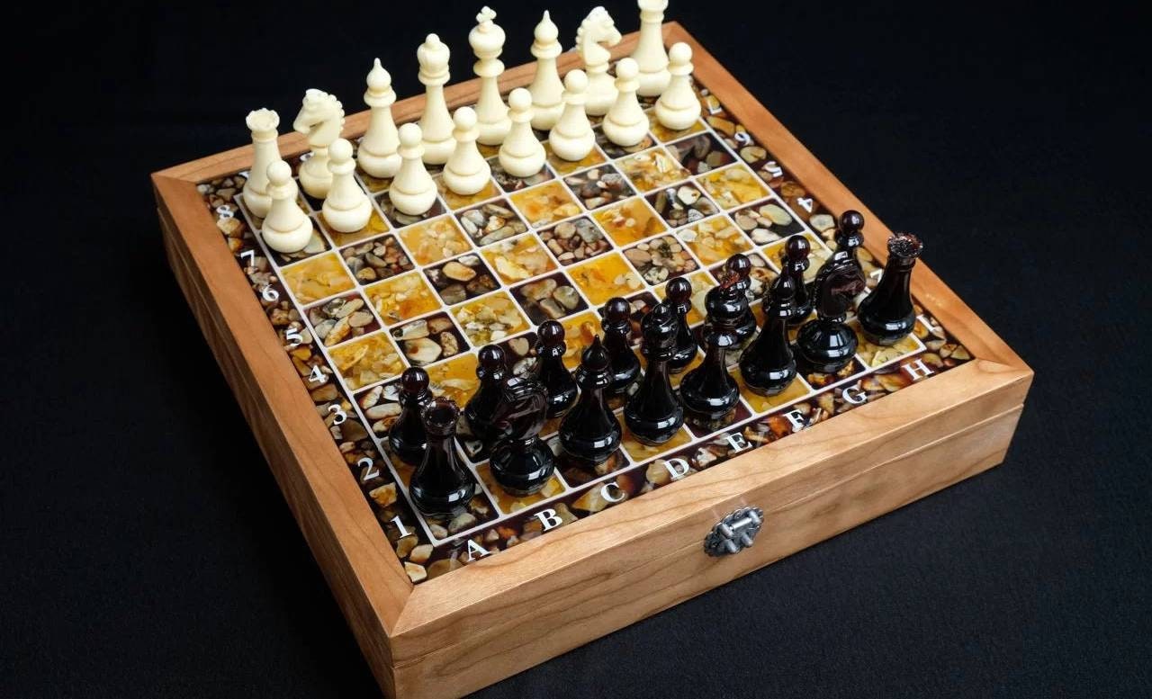 Amber chess set Square from European walnut|Amber Chess Pieces|Wooden Chessboard|Chess Figures|Board Game|Handmade Chess