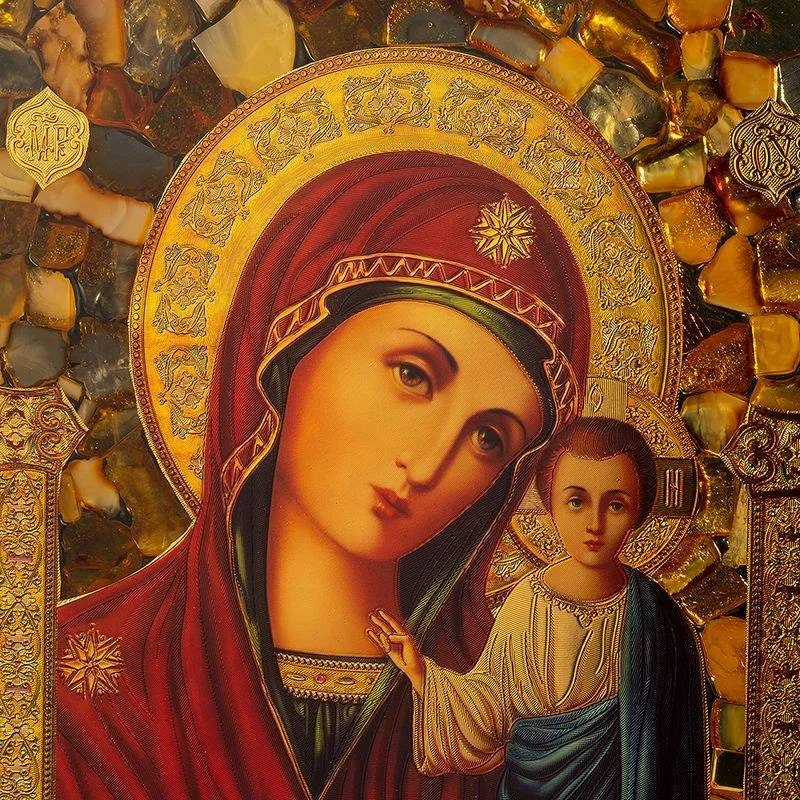 Large stained glass icon with amber|Baltic Amber Orthodox Icon|Religious Home decor|Mother of god|Decorative interior