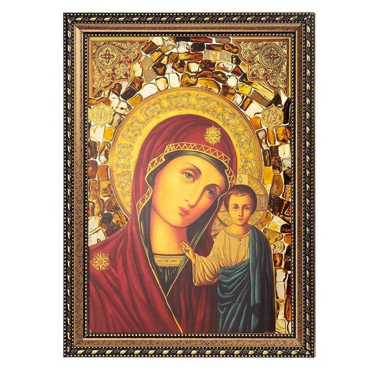 Large stained glass icon with amber|Baltic Amber Orthodox Icon|Religious Home decor|Mother of god|Decorative interior