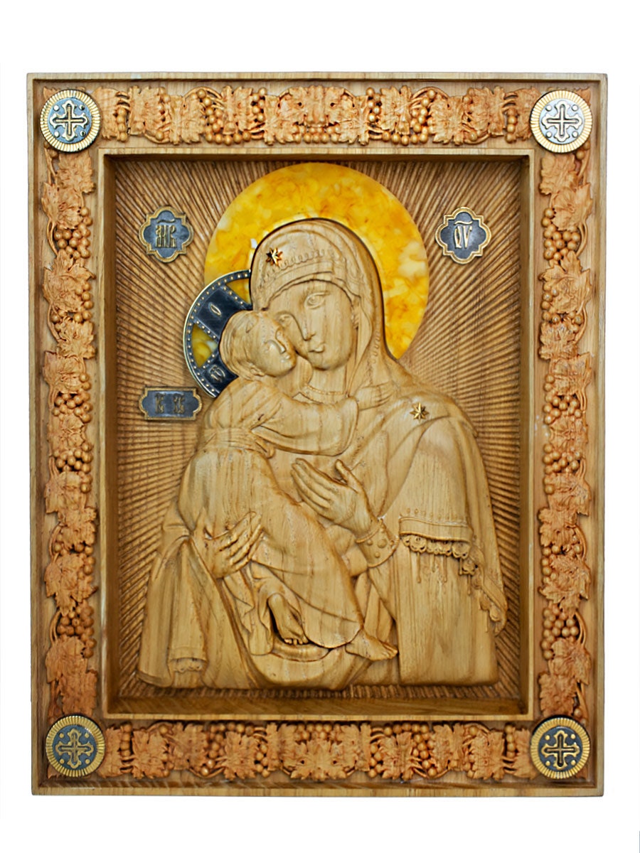 Wood carved Icon of blessed virgin decorated with baltic amber and silver|Religious Home decor|Wood Amber Mother of god