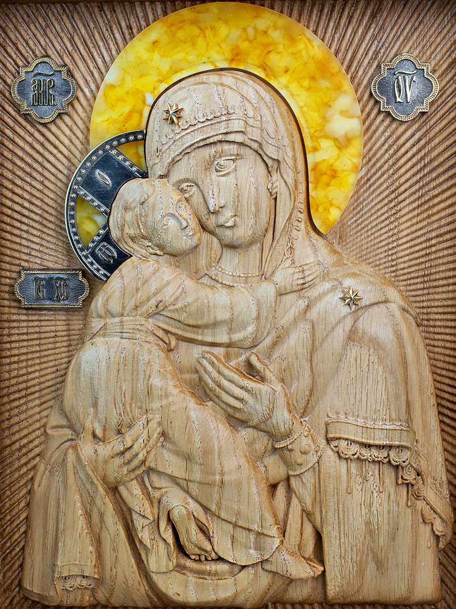 Wood carved Icon of blessed virgin decorated with baltic amber and silver|Religious Home decor|Wood Amber Mother of god