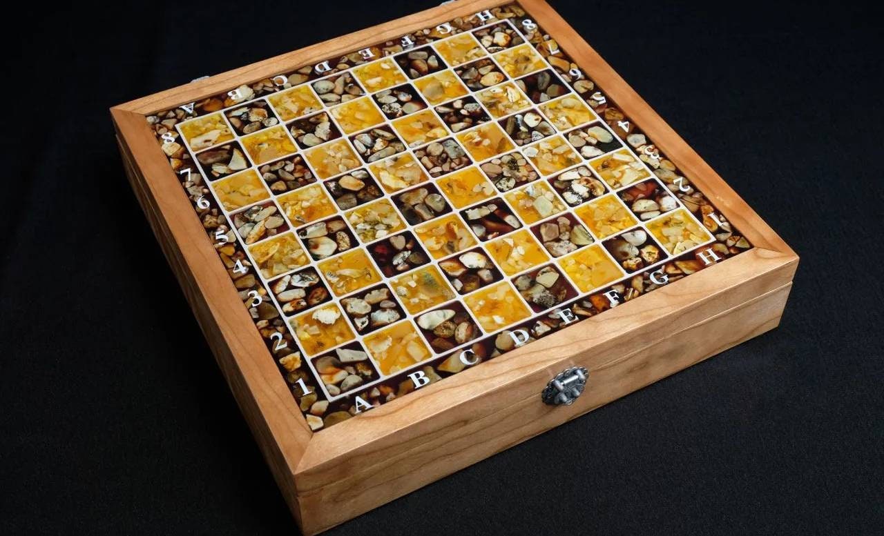 Amber chess set Square from European walnut|Amber Chess Pieces|Wooden Chessboard|Chess Figures|Board Game|Handmade Chess