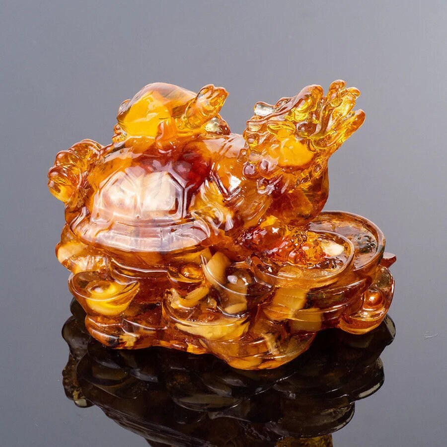 Dragon Figurine amber|Souvenir Feng Shui mascot amber Dragon Turtle|Carved Amber Dragon Sculpture|Handmade statue dragon