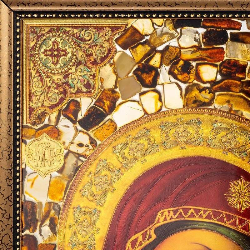 Large stained glass icon with amber|Baltic Amber Orthodox Icon|Religious Home decor|Mother of god|Decorative interior