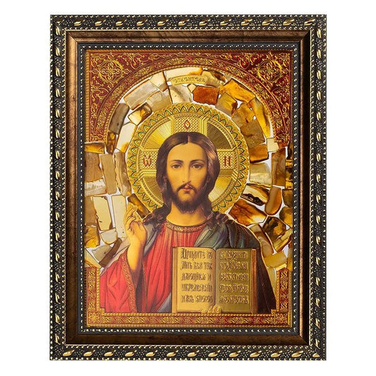 Orthodox stained glass icon with natural amber Savior|Amber Orthodox Jesus Icon|Religious Home decor|Decorative interior