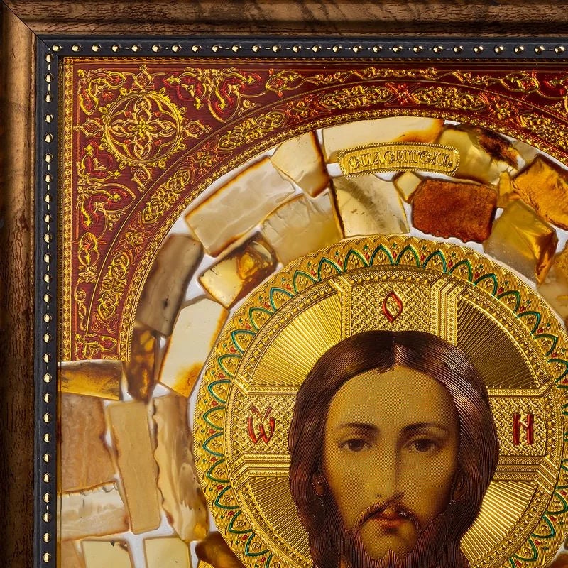 Orthodox stained glass icon with natural amber Savior|Amber Orthodox Jesus Icon|Religious Home decor|Decorative interior