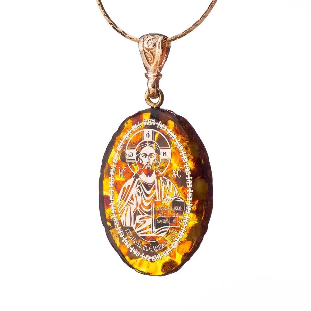 Amber Icon image pendant with gilded face of the Lord Almighty|Handmade Amber Jewelry|Religious gift|Jesus Savior pendant