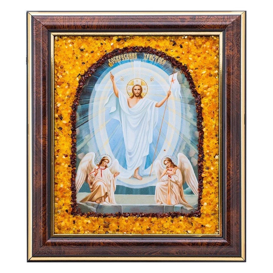 Orthodox small icon Sunday of Christ in amber frame|Amber Orthodox Jesus Icon|Religious Home decor|Decorative interior