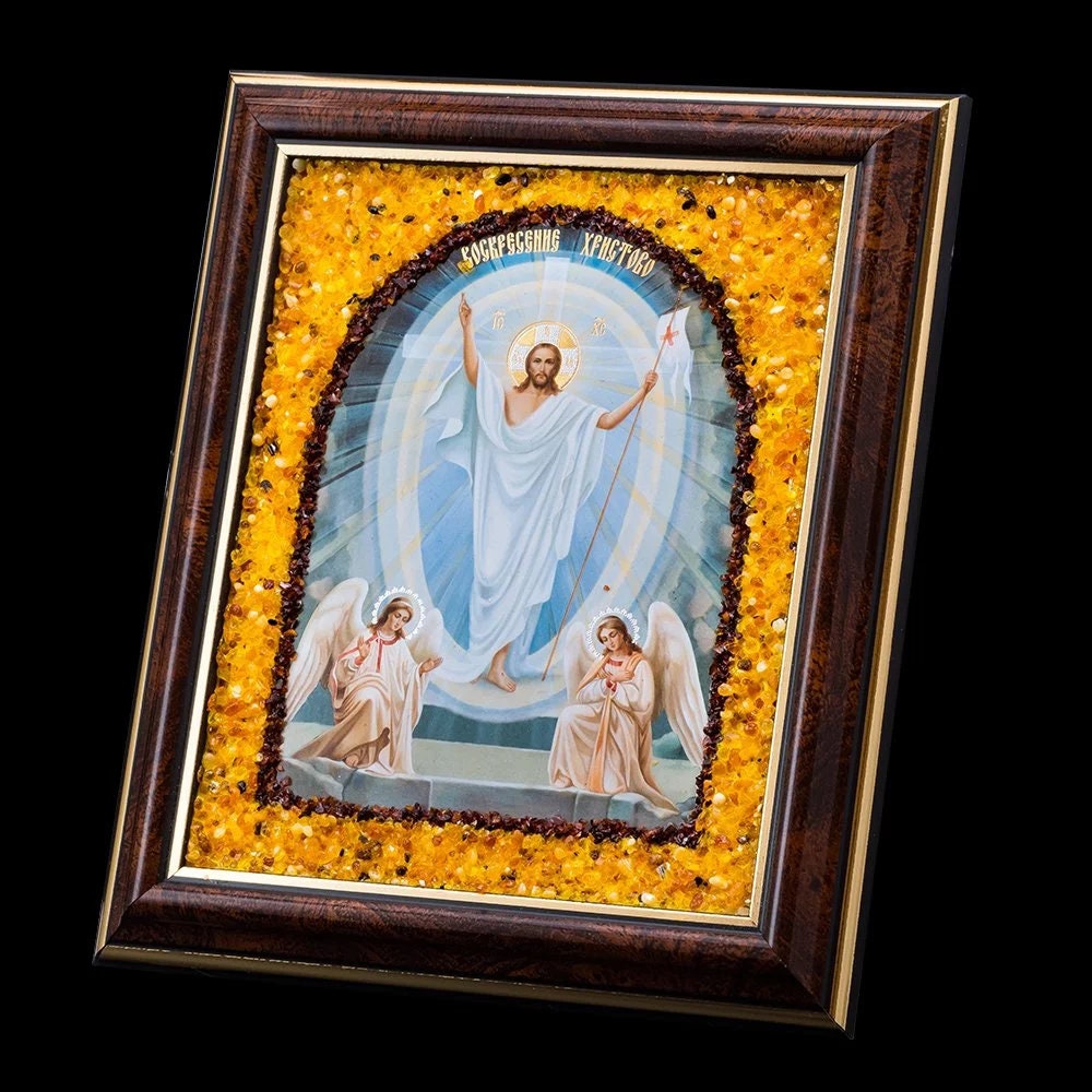 Orthodox small icon Sunday of Christ in amber frame|Amber Orthodox Jesus Icon|Religious Home decor|Decorative interior