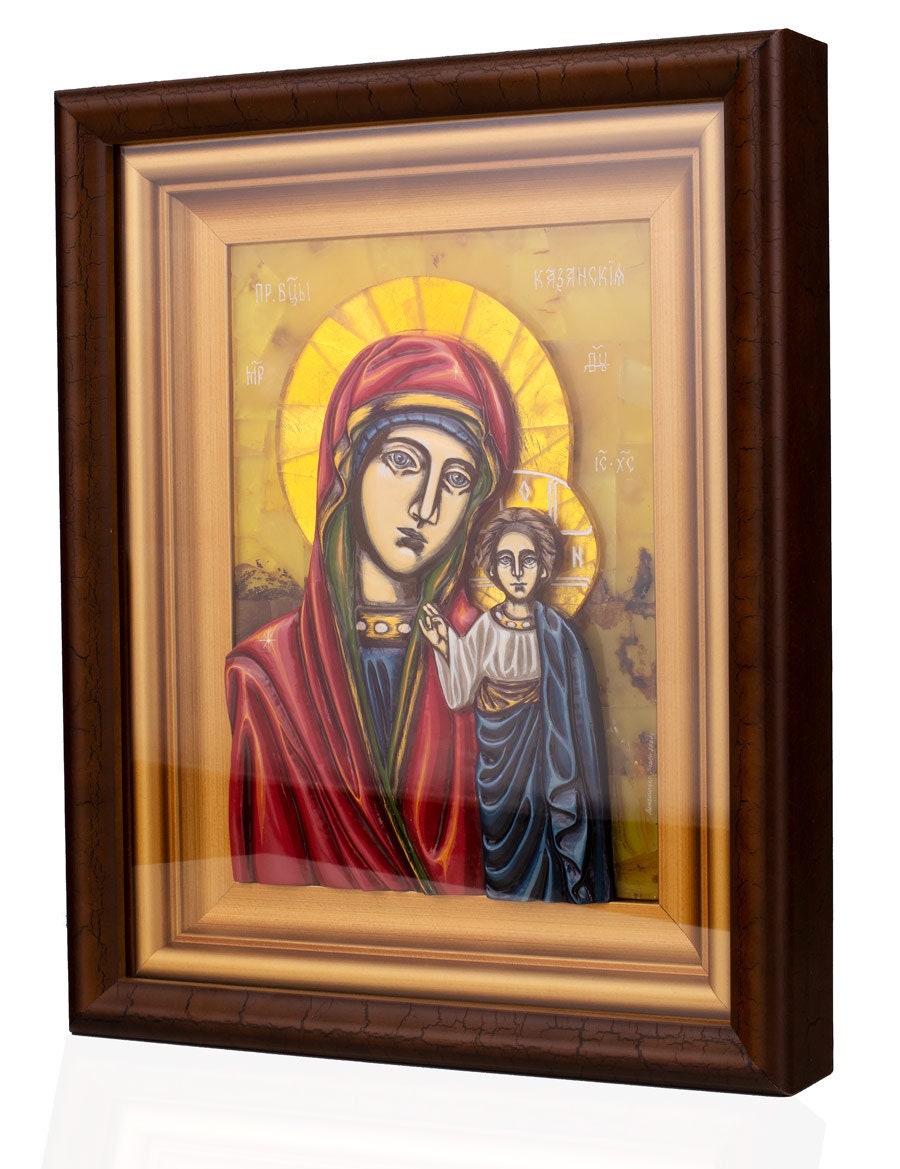 Hand painted icon with natural Baltic amber Blessed Virgin |Religious Home decor|Amber Mother of god|Decorative interior