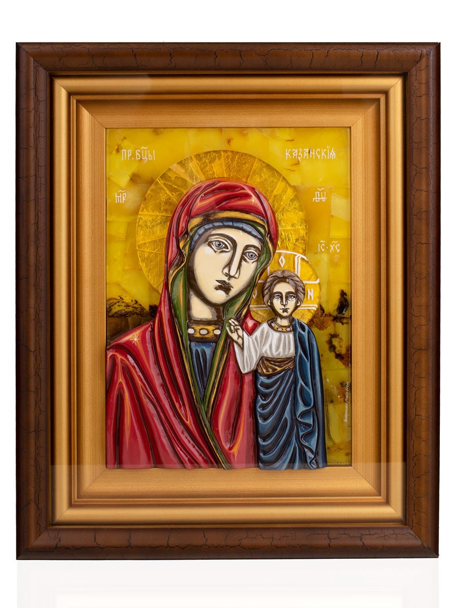 Hand painted icon with natural Baltic amber Blessed Virgin |Religious Home decor|Amber Mother of god|Decorative interior