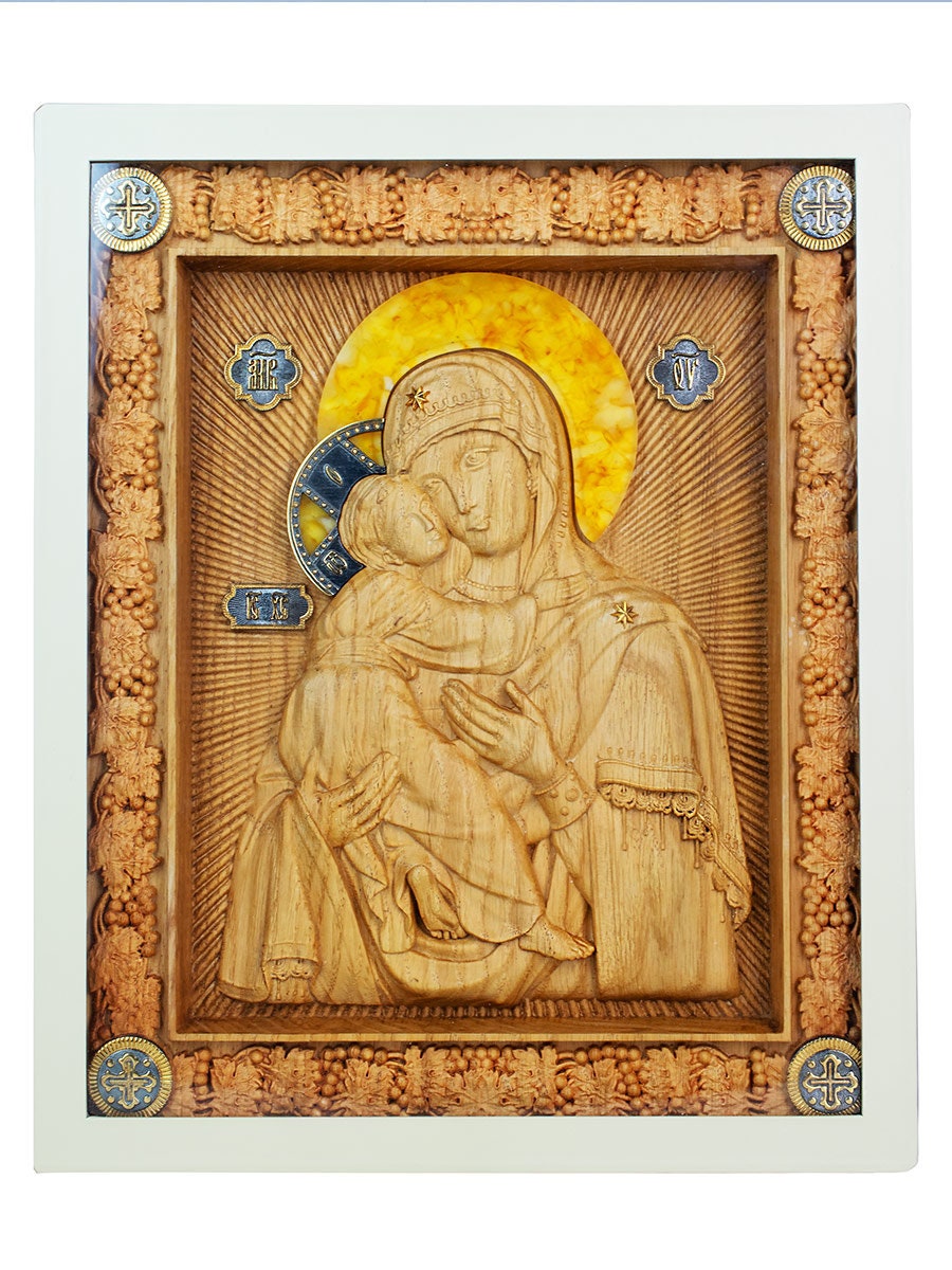 Wood carved Icon of blessed virgin decorated with baltic amber and silver|Religious Home decor|Wood Amber Mother of god