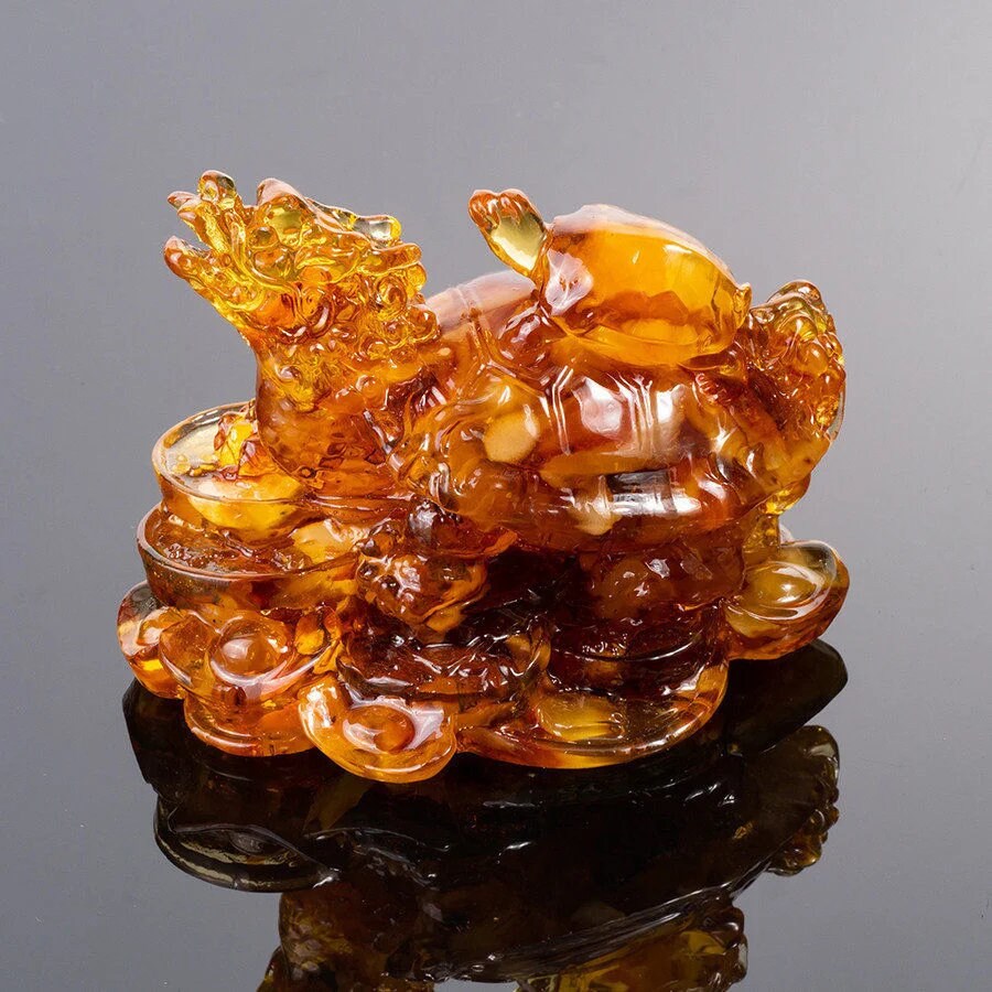 Dragon Figurine amber|Souvenir Feng Shui mascot amber Dragon Turtle|Carved Amber Dragon Sculpture|Handmade statue dragon