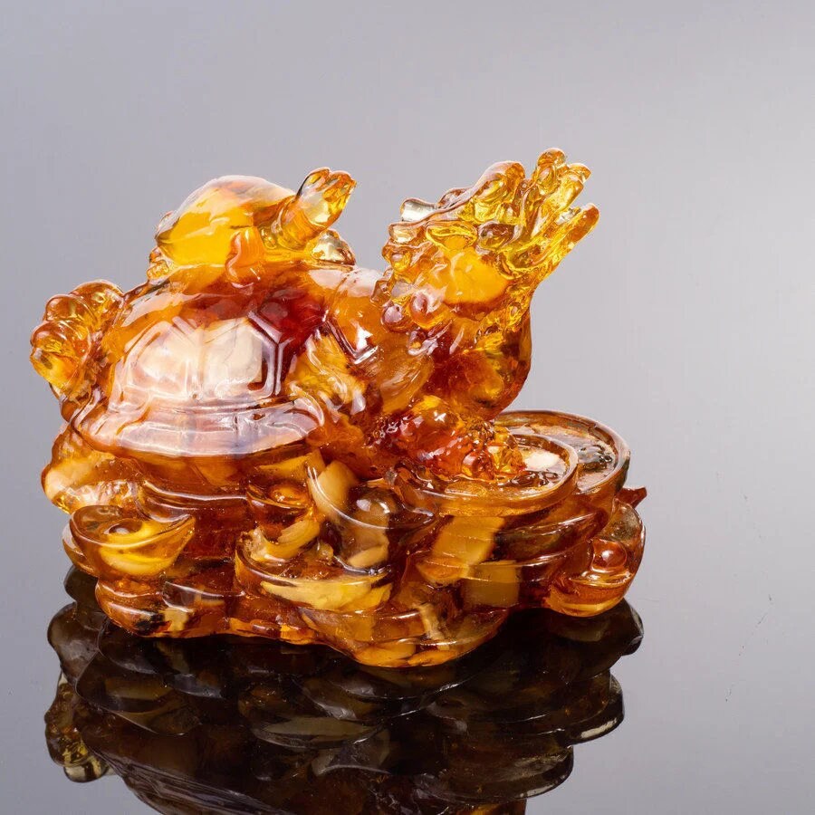 Dragon Figurine amber|Souvenir Feng Shui mascot amber Dragon Turtle|Carved Amber Dragon Sculpture|Handmade statue dragon