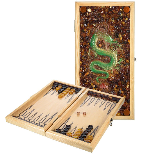 Luxury backgammon set Dragon|Wood amber backgammon board|Amber chinese dragon|Amber Checkers|amber dices|Backgammon chips