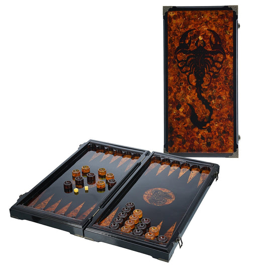 Luxury Backgammon amber|Wood amber backgammon board|Amber scorpion|Amber Checkers|amber dices|Unique game set|Backgammon chips