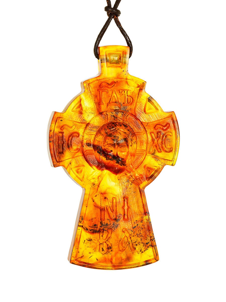 Large carved pendant made of natural molded amber|Amber carved Cross|crucifix Pendant|Amber Jewelry Gift|Religious Gift Jesus