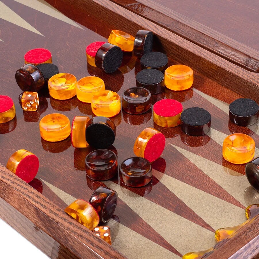 AMBER BAKGAMMON SET|Exclusive wooden backgammon with natural amber chips Old Konigsberg|Board Game|Amber checkers chips