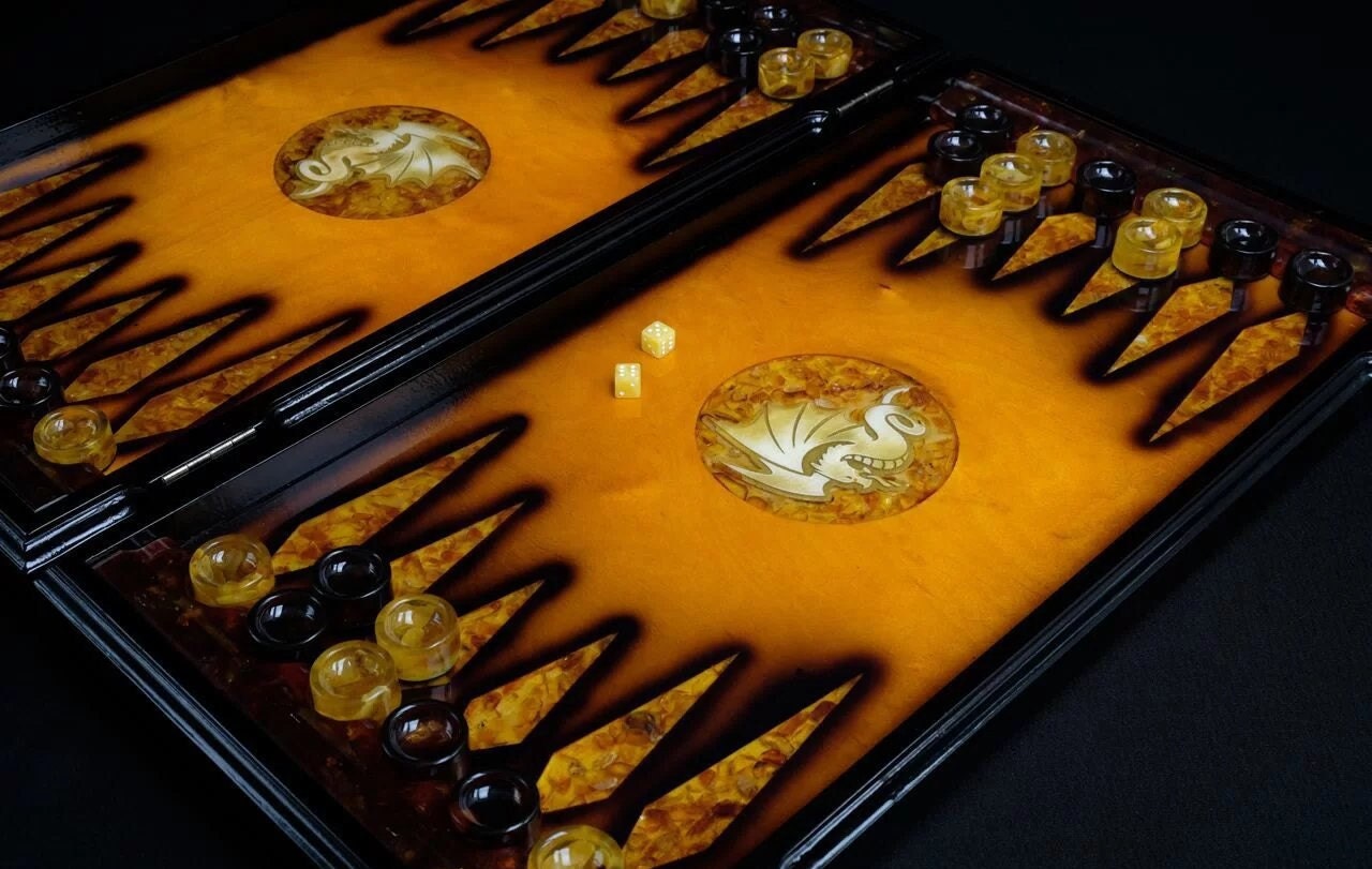 BACKGAMMON SET Dragon|Wood amber backgammon board|Amber dragon|Handmade Amber Checkers|Backgammon chips dices|Game set