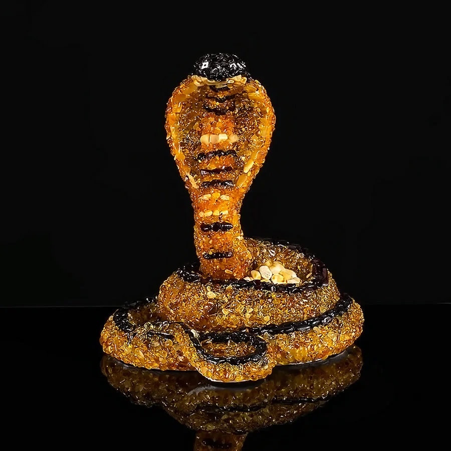 Large souvenir figurine with natural amber Cobra|Amber cobra sculpture|Stylish interior decor|Amber animal|Handmade statue cobra