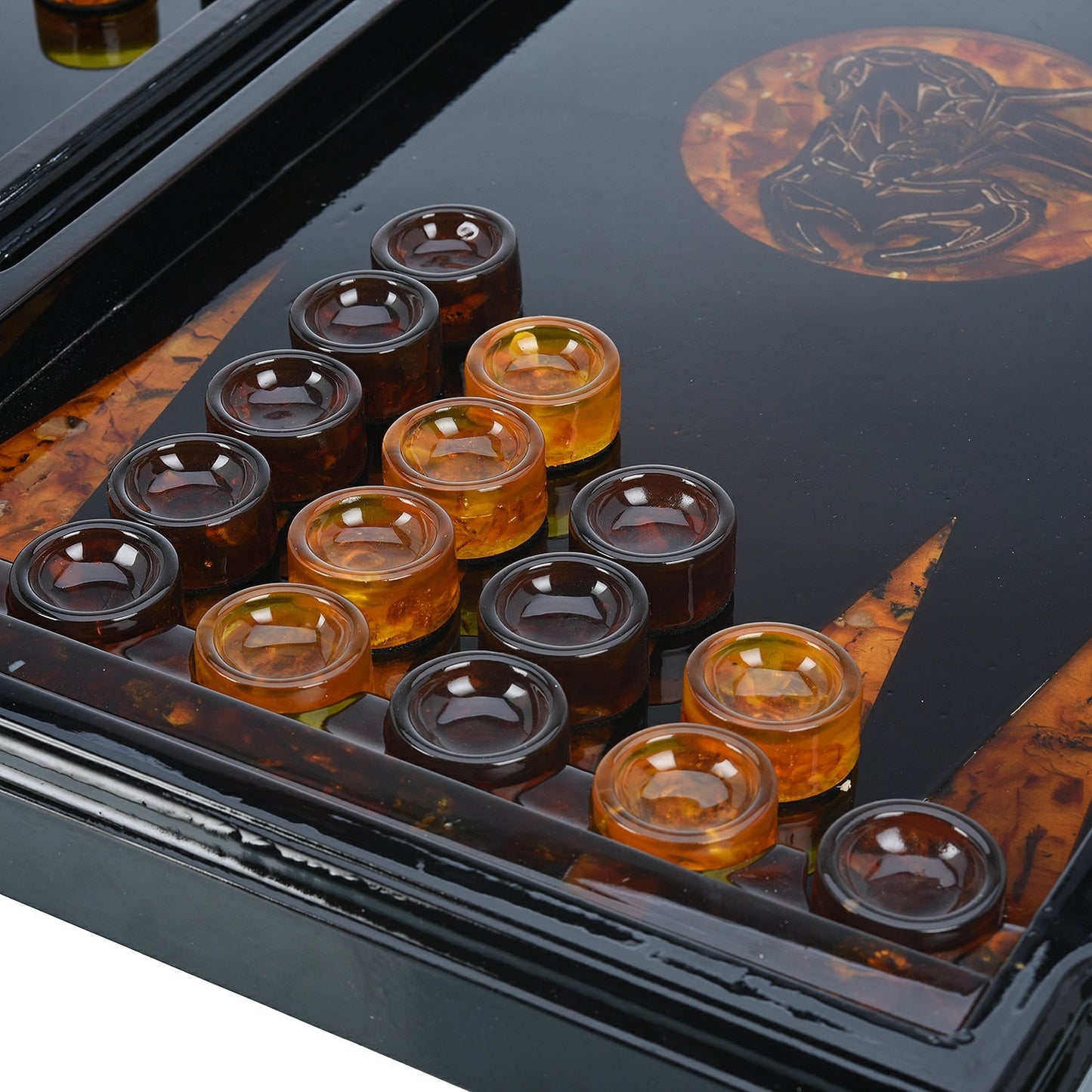 Luxury Backgammon amber|Wood amber backgammon board|Amber scorpion|Amber Checkers|amber dices|Unique game set|Backgammon chips