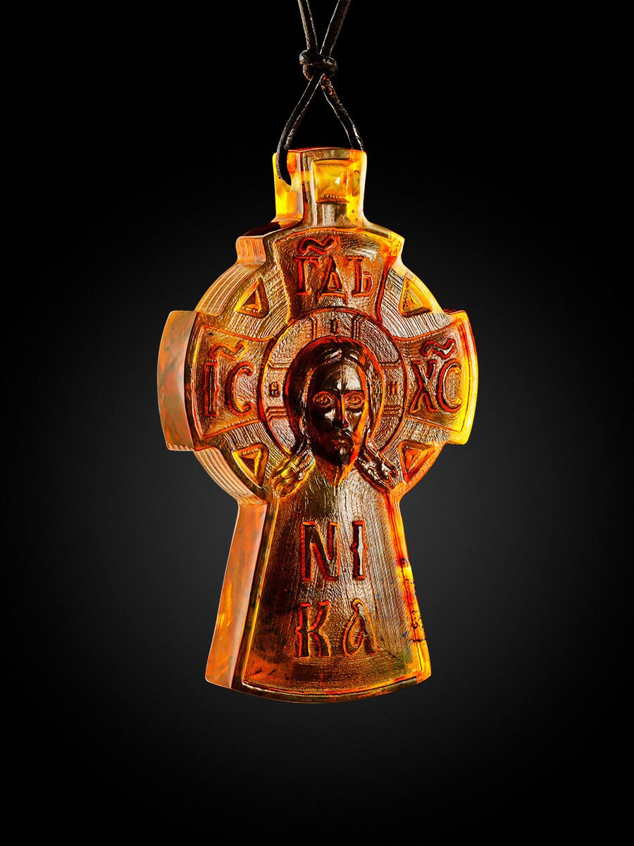 Large carved pendant made of natural molded amber|Amber carved Cross|crucifix Pendant|Amber Jewelry Gift|Religious Gift Jesus